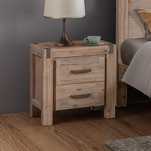 Java Two Drawers Bedside Table In Solid Acacia Timber In Oak Colour